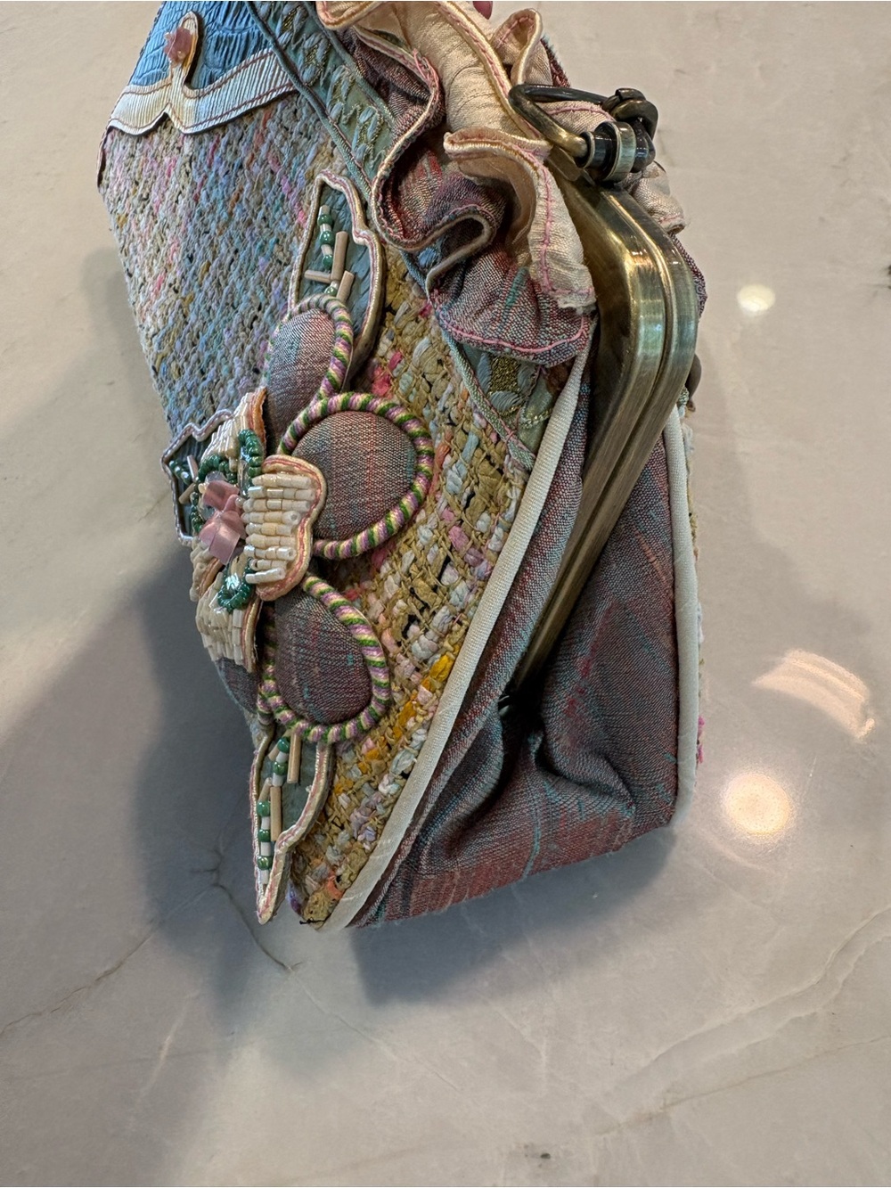 Mary Frances Multicolor Tweed Floral Appliqué Clutch with Yellow Trim - Picture 7 of 7